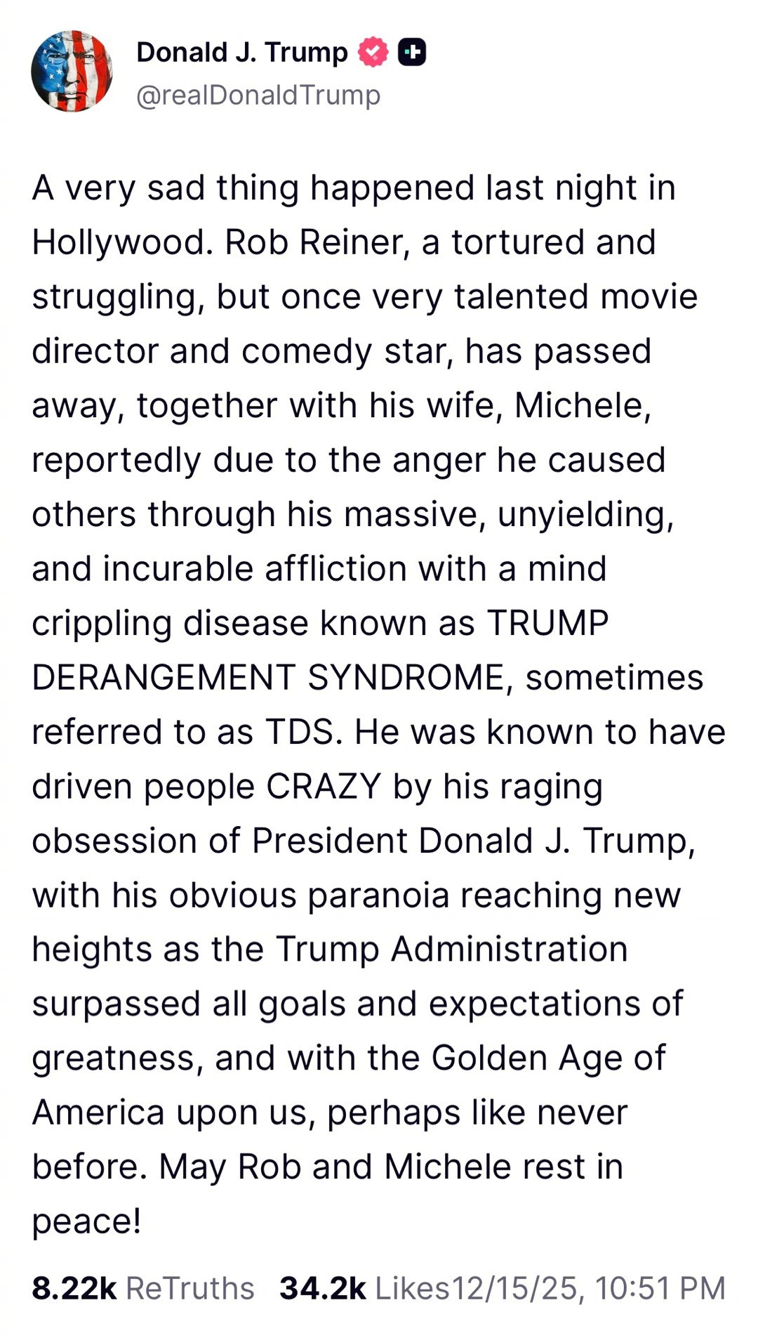 阿川鞭尸罗伯·莱纳：昨晚好莱坞发生了一件非常悲伤的事情。罗伯•莱纳，一位饱受折磨