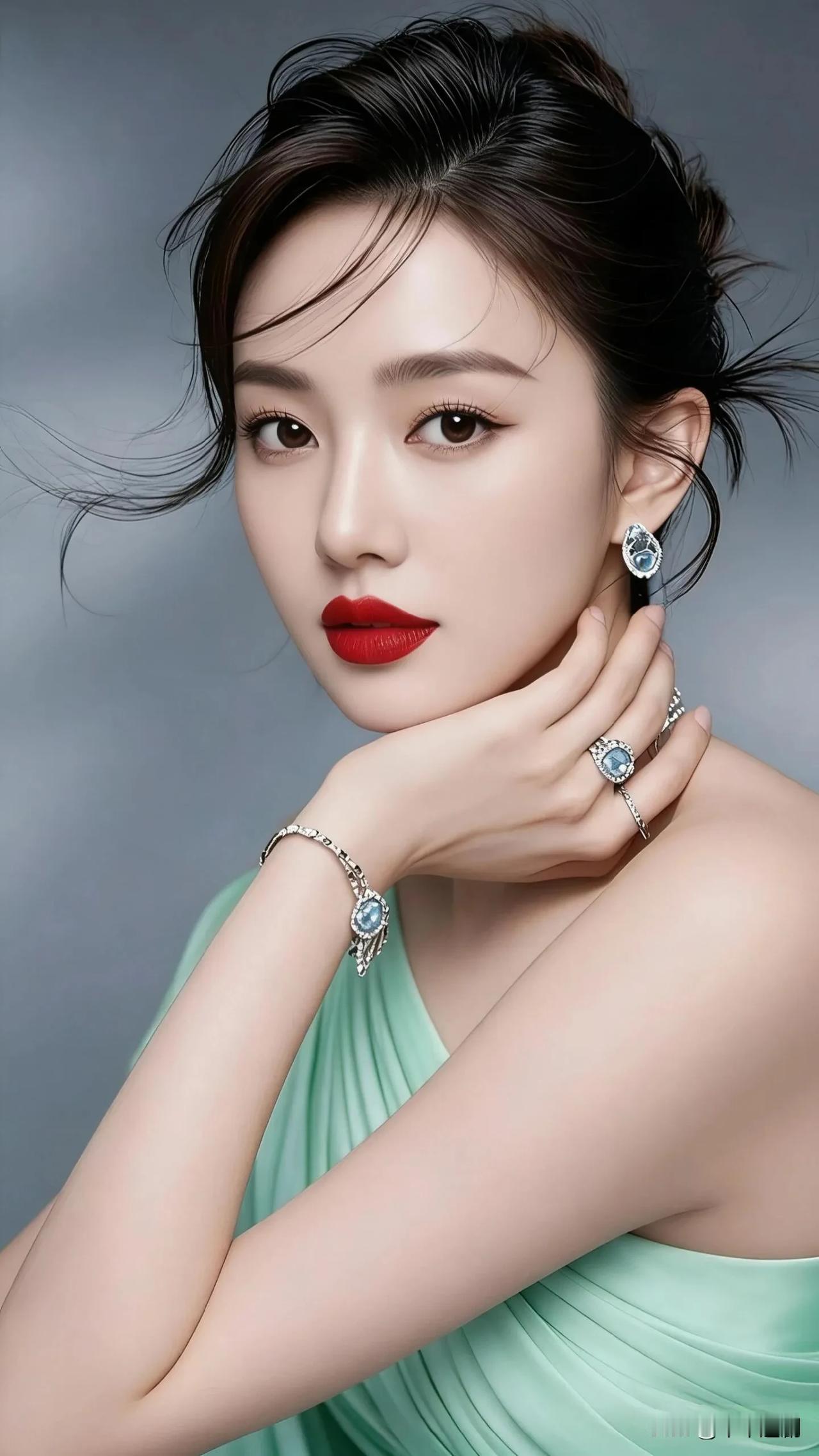 薄荷绿斜肩裙漾着柔滑光泽，海蓝钻饰在冷调底色里轻闪。红唇衬着凌厉眉眼，把清冷与明