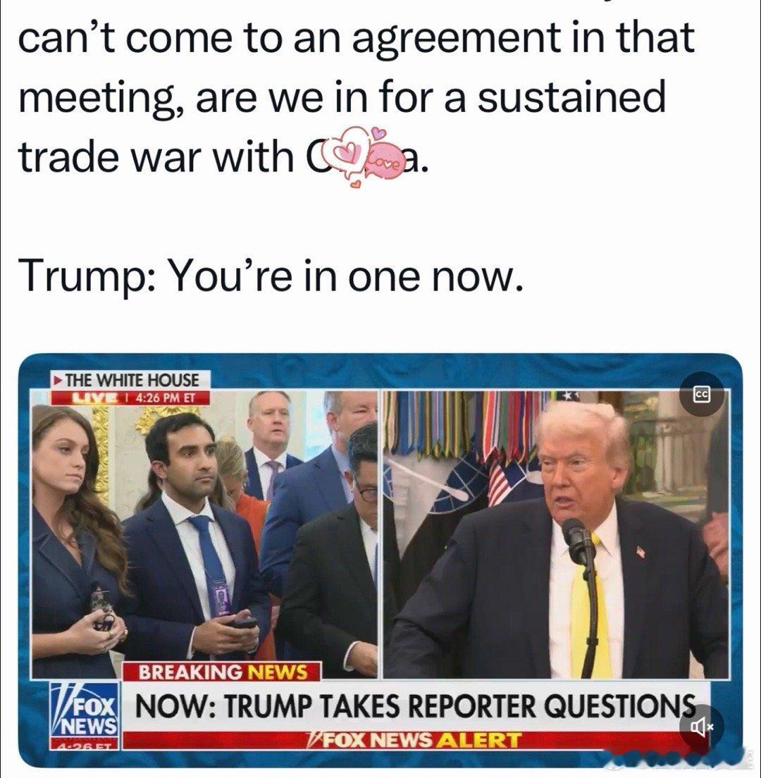 记者：如果见了面还谈不妥，会不会变成长期打贸易战Trump：现在已经是了，如果我