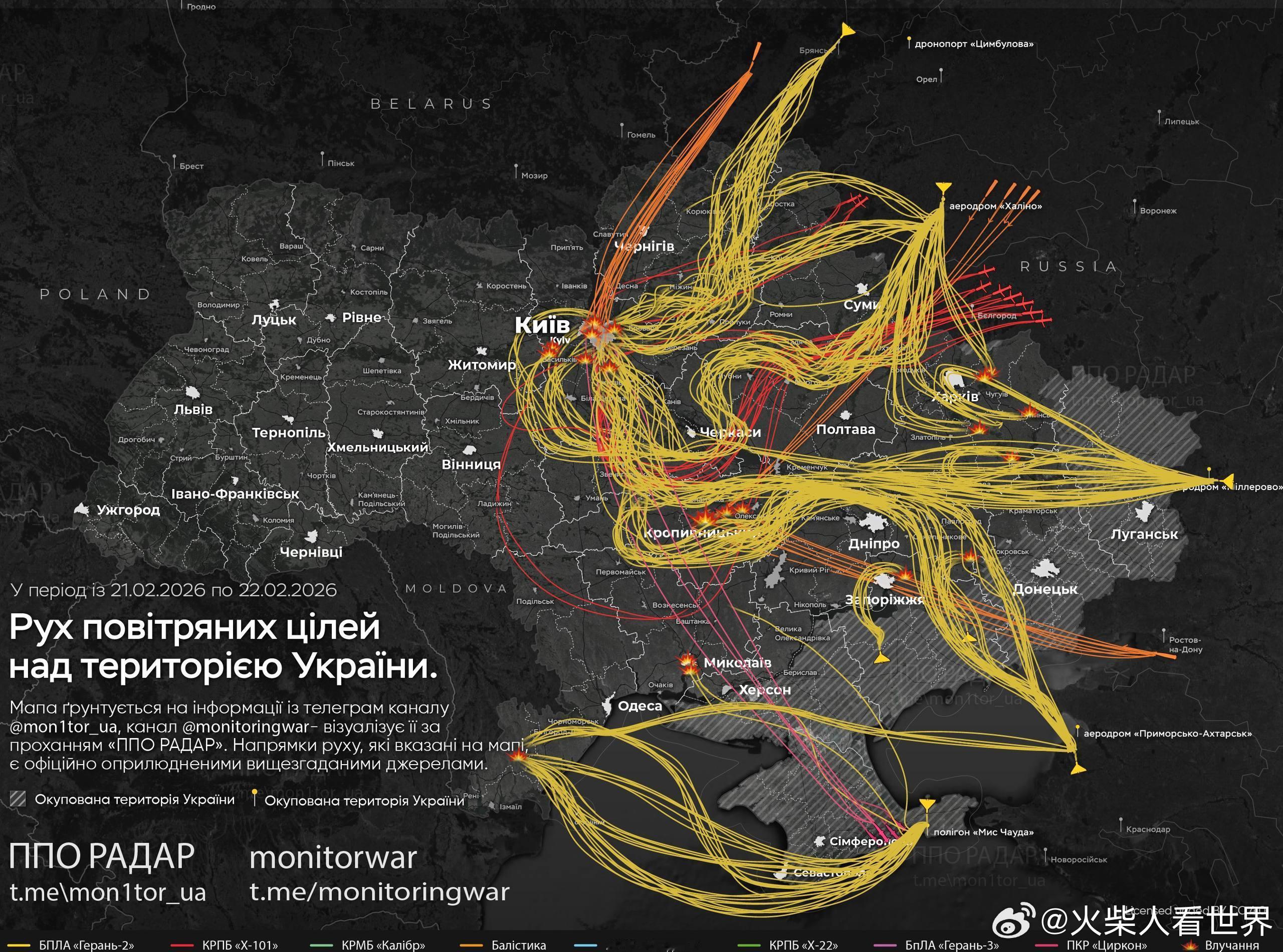 2月22日晚（自2月21日19:00起），俄军使用攻击无人机、空基和海基导弹对乌