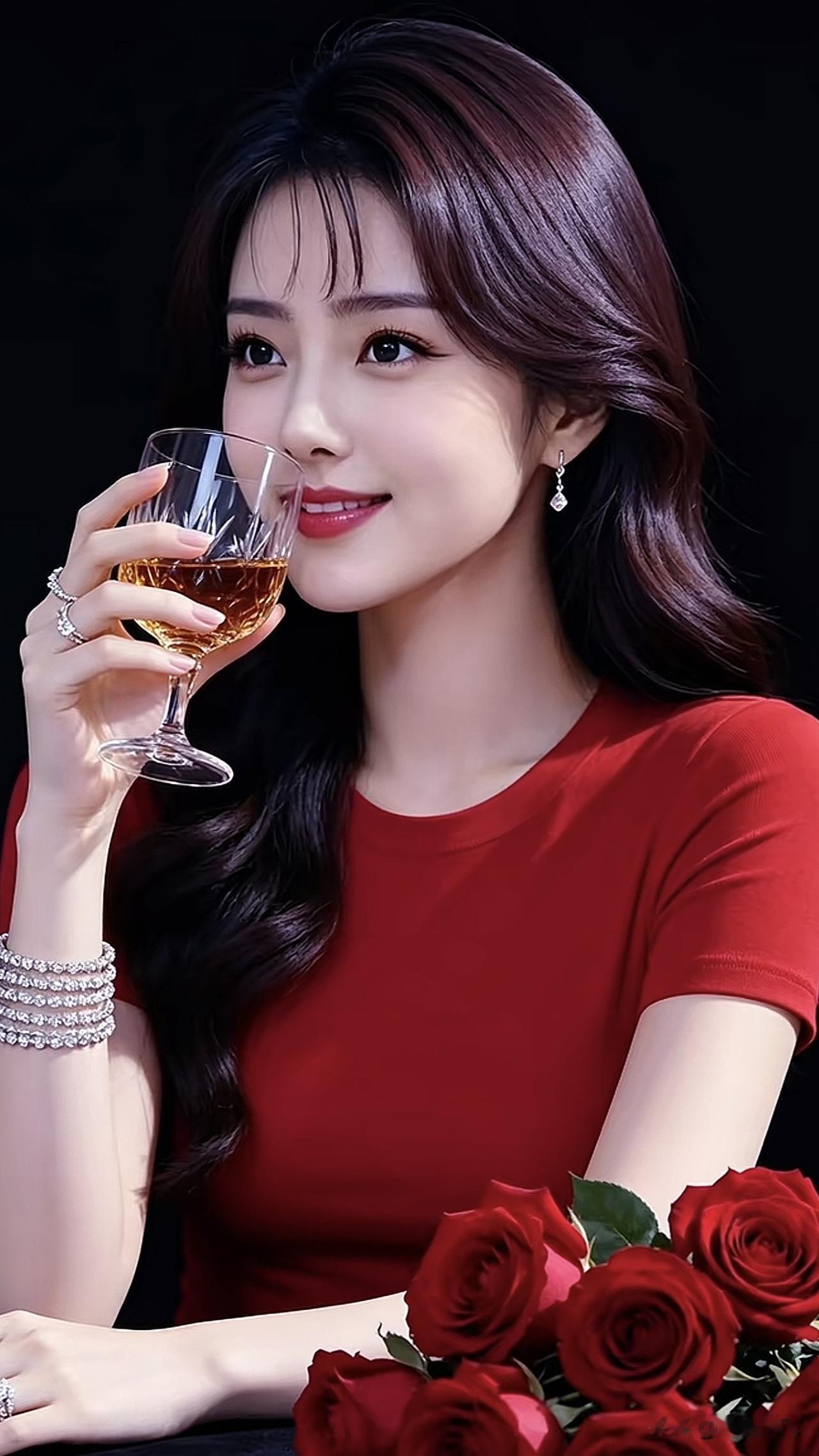 优雅红衣女郎，举杯浅笑，玫瑰相伴，尽显迷人魅力。气质红裙女红裙闪耀写真红衣女