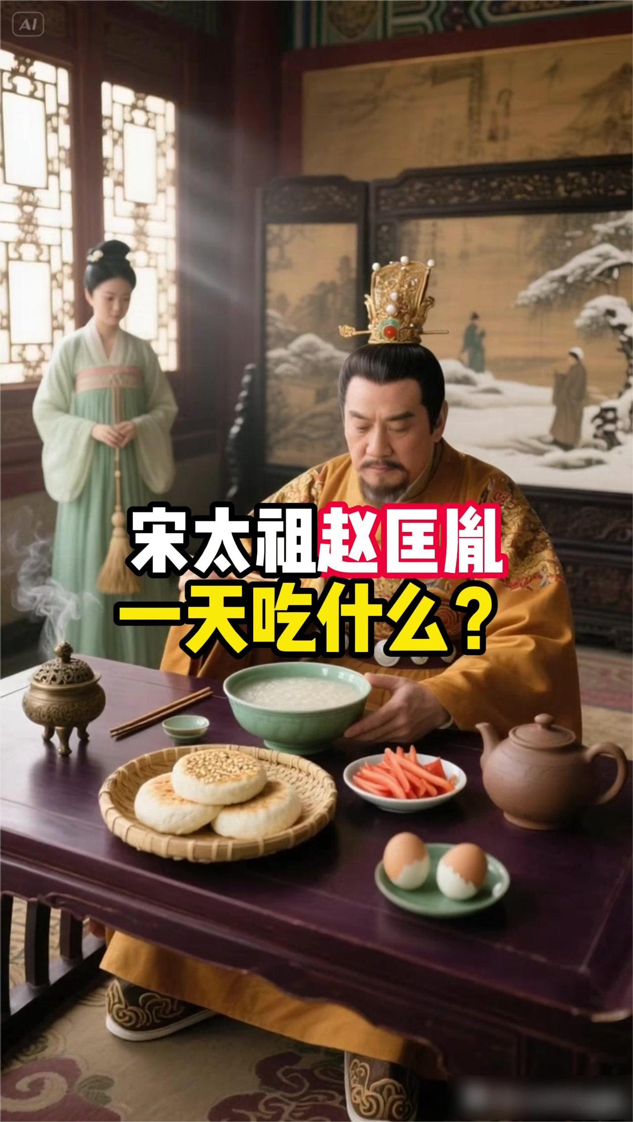 宋太祖赵匡胤一天吃什么？沉浸式感受宋太祖赵匡胤的伙食。·早餐：稻米粥、蒸饼、胡