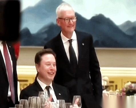 马斯克这几秒钟，真是绝了。镜头里，库克人高马大地走过来，胳膊往他椅背上一搭，准