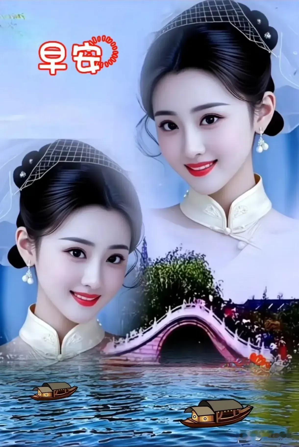 古风美女与江南水乡的完美结合，早安好心情！🌸💕