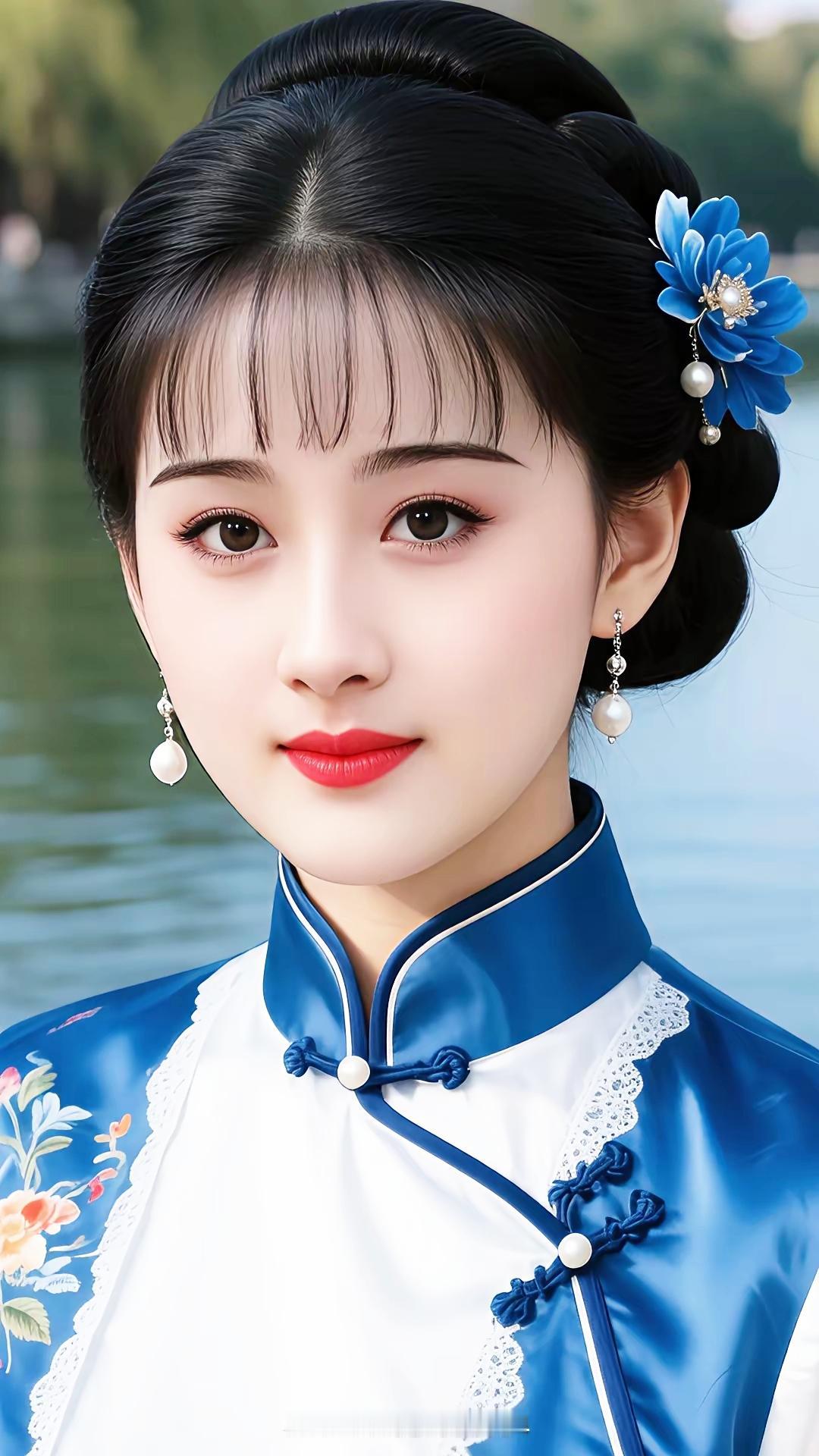 古典美人，蓝衣花饰，宛如画中仙