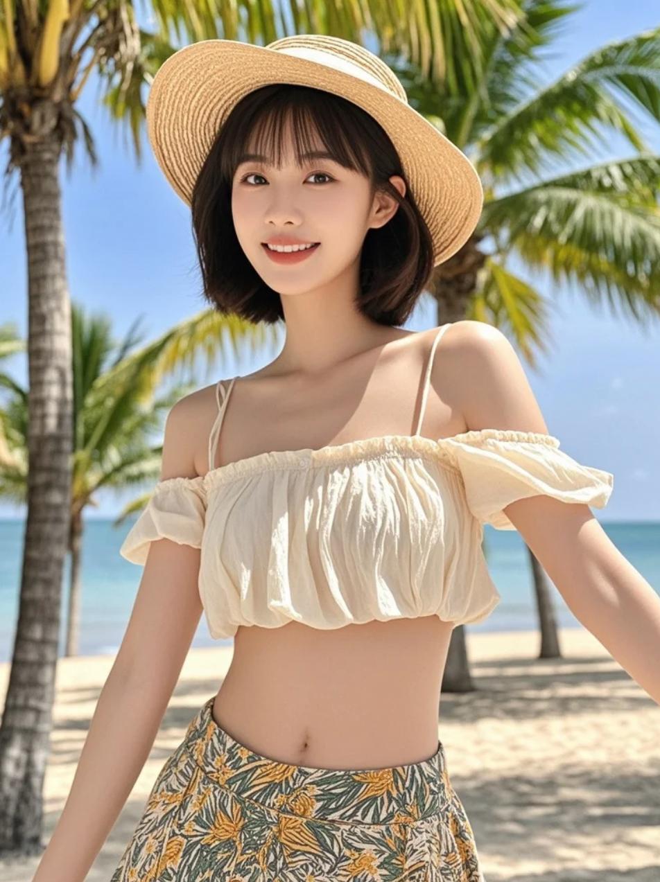 阳光下的沙滩佳人：与椰子树相伴