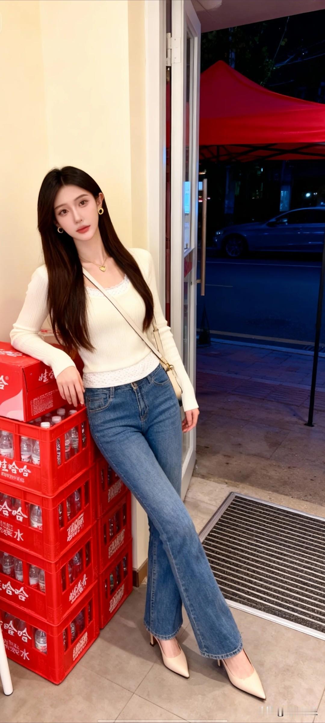 女人如何穿出含蓄的性感?室内小店场景，女子身着白色针织开衫、蓝色牛仔裤，脚穿浅