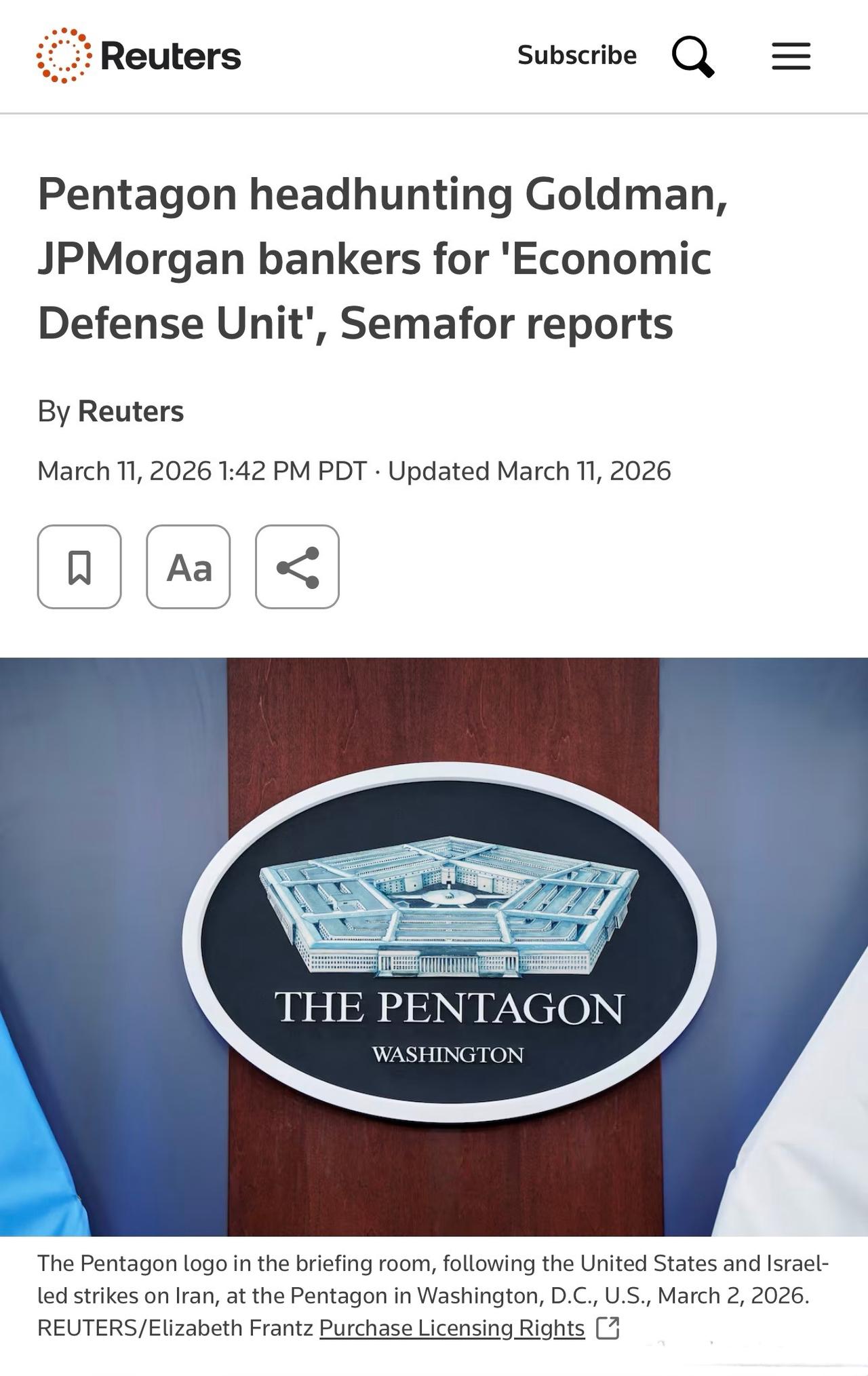 美国国防部/战争部已正式重建经济战部门（EWU），该部门由来自高盛、美国银行、美