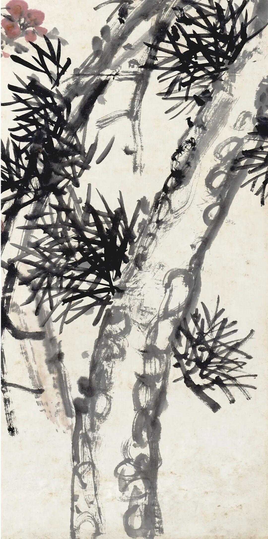 吴昌硕《墨松红梅》，设色纸本131.5×62cm。题识：红霞古黛岁寒交。鹿叟仁