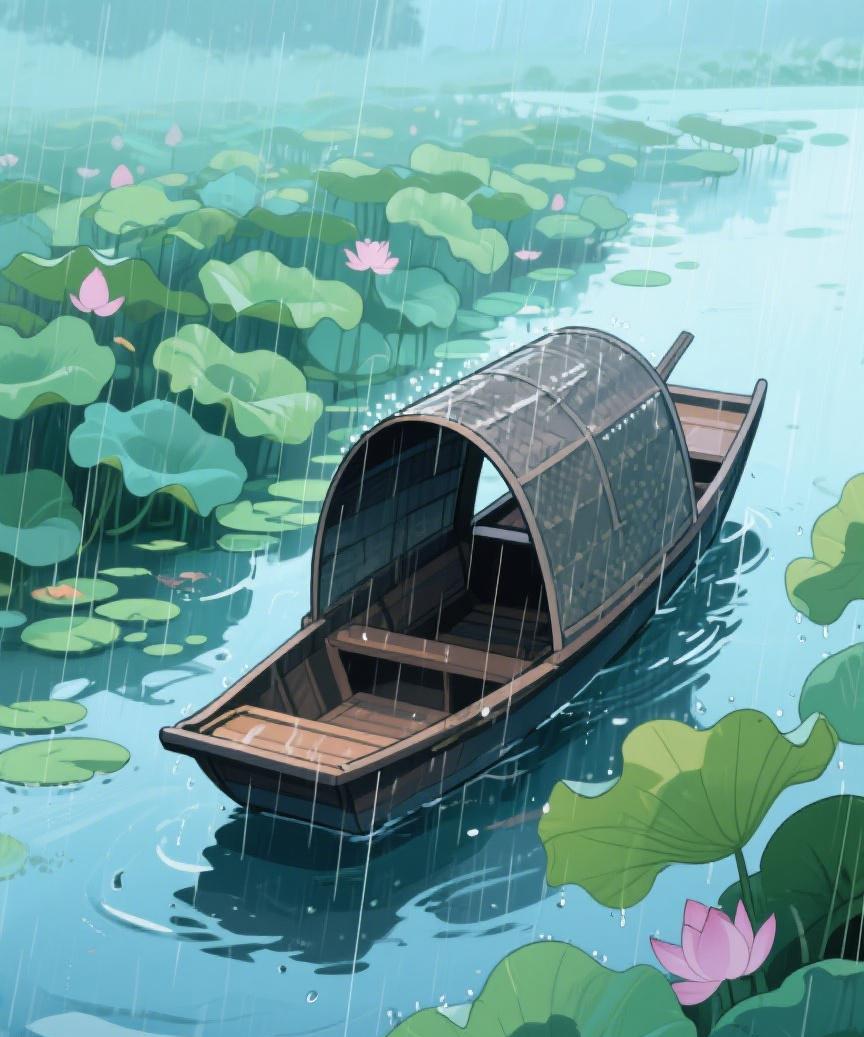 #AI妙生图#烟雨笼罩荷塘，孤舟静泊。于这静谧里，似悟岁月悠然，心也渐归宁静。