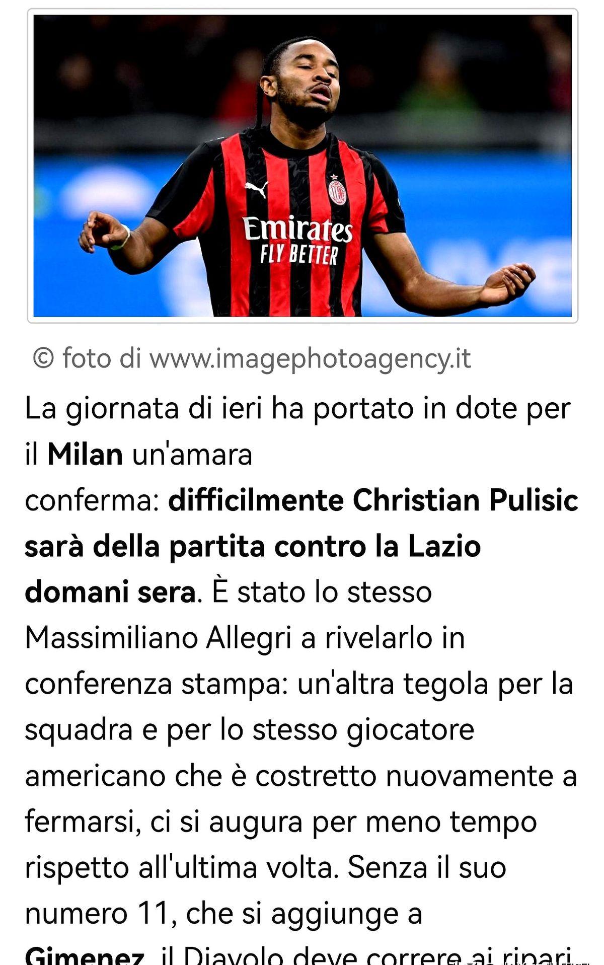 米兰周六战拉齐奥要头疼了，普利西奇又伤停，希门尼斯也上不了，阿莱格里发布会刚确认