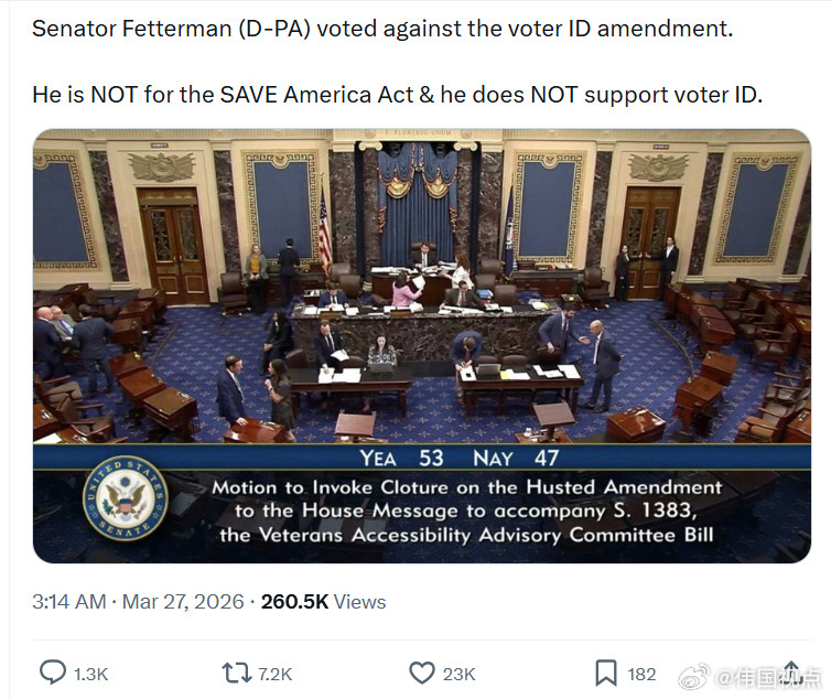宾夕法尼亚州民左党参议员约翰·费特曼投票反对选民身份证修正案。他不支持《拯救美国