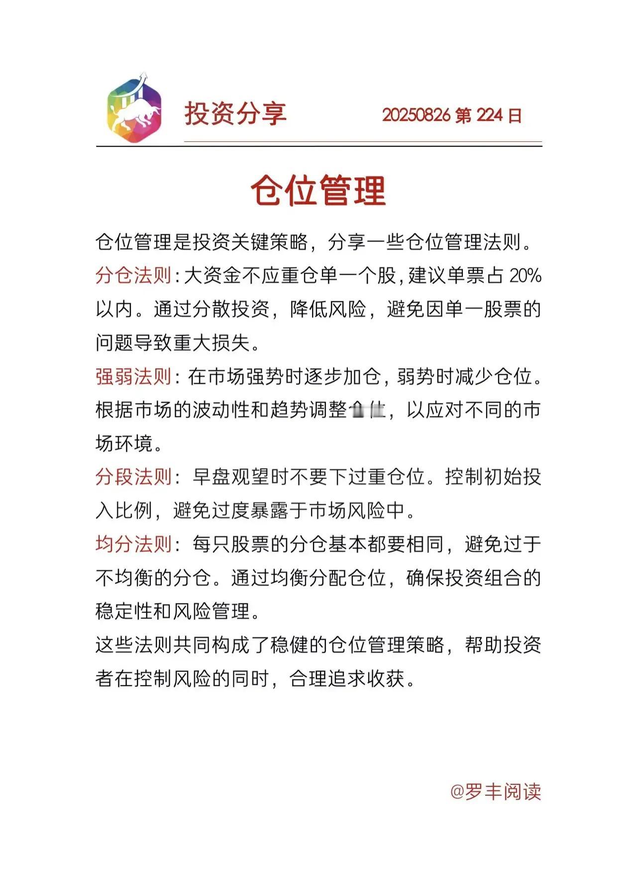 投资分享，主题为仓位管理，介绍了几种仓位管理法则：1.分仓法则：大资金不重