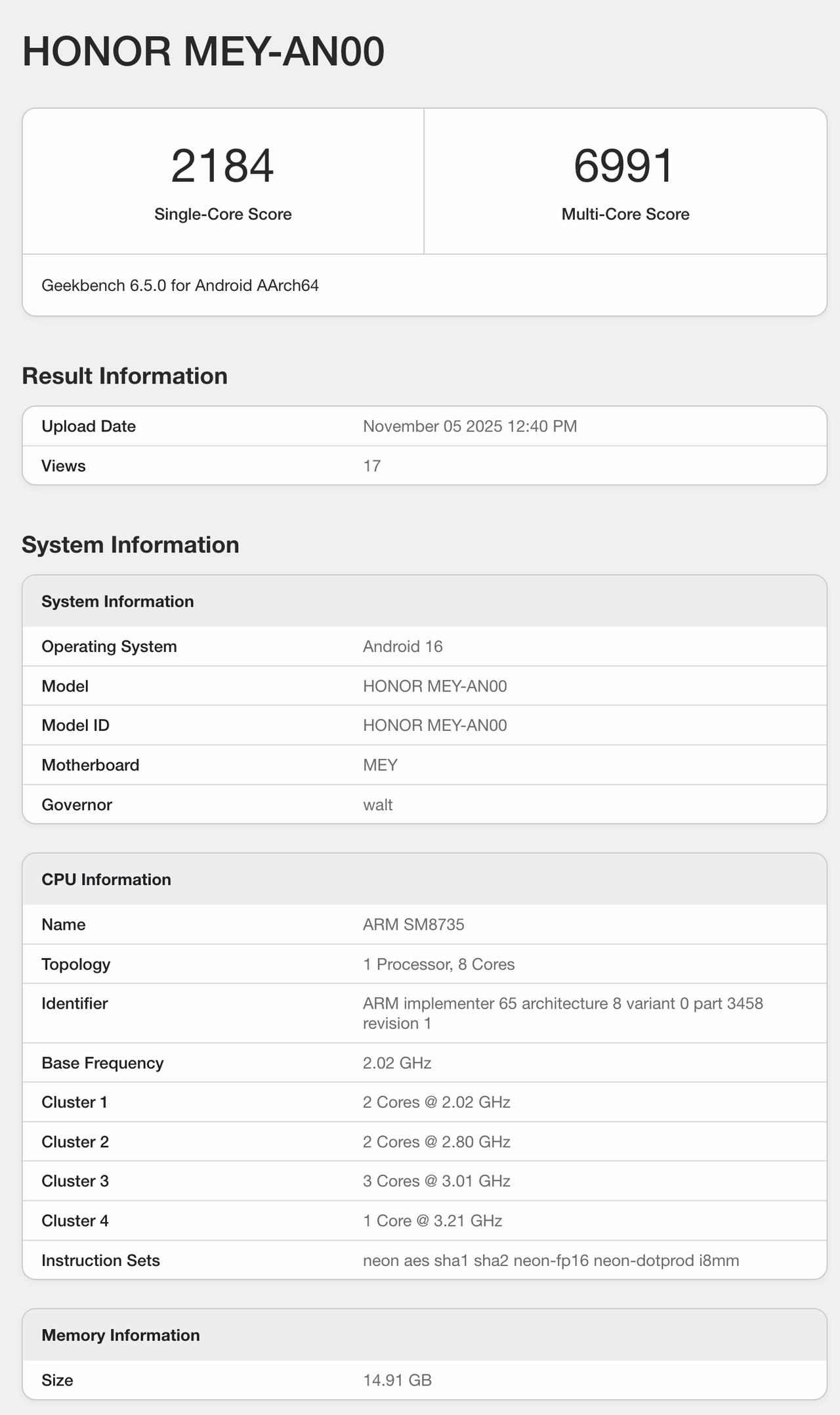 荣耀500标准版的GeekBench6跑分出炉了，新机型号MEY-A