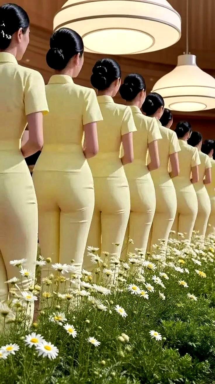身着浅黄色制服的女服务员身姿笔挺。利落剪裁勾勒优雅曲线，高跟鞋增添干练气场，