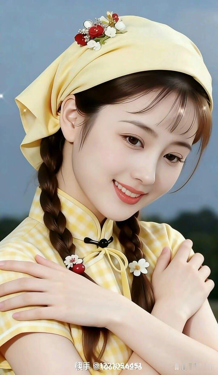 甜美少女，头戴花饰，微笑动人，复古风穿搭