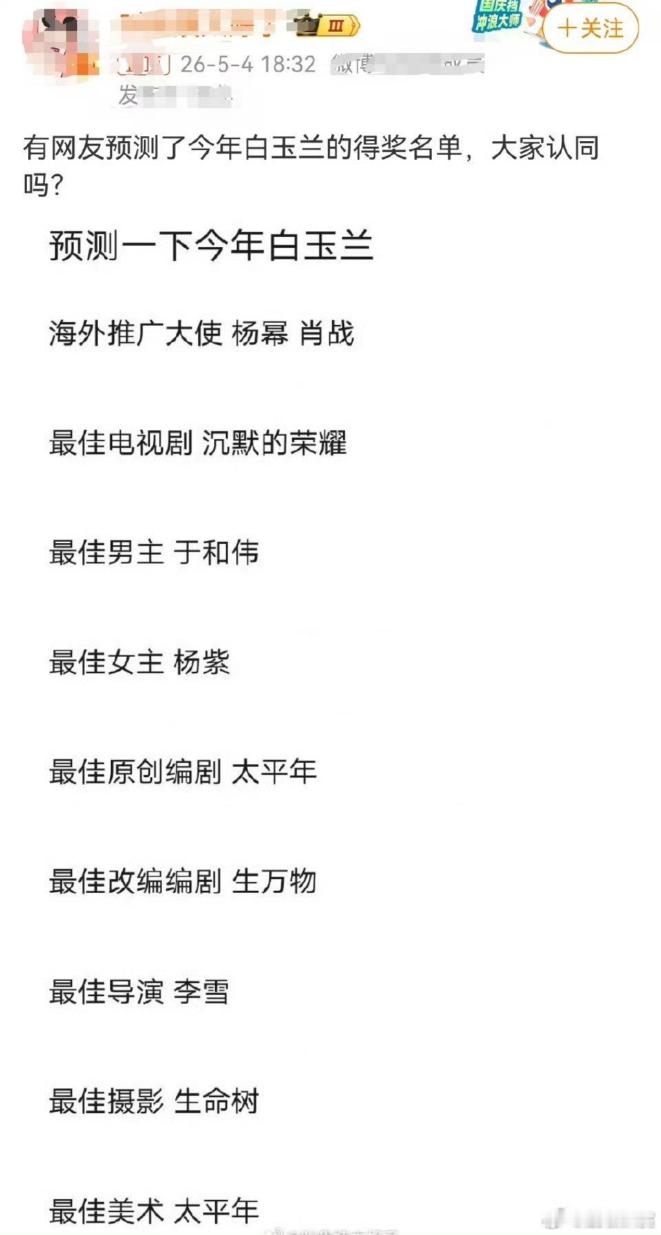 预测白玉兰得奖名单说实话！这是我看到最靠谱的预测名单了！当然我不敢说获奖名单10