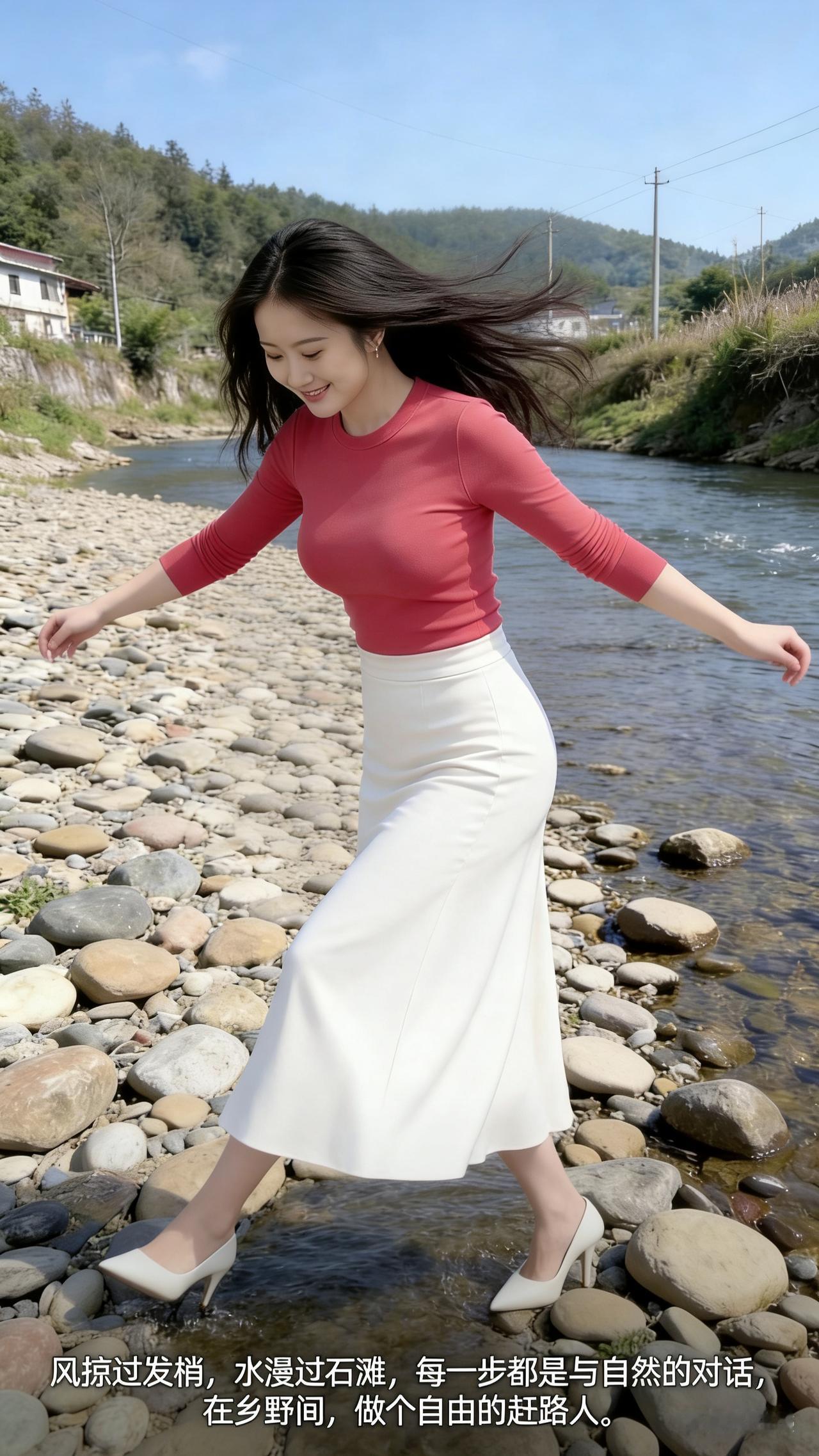 溪畔行风拂发梢，溪水漫过石滩，脚踩鹅卵石的触感，是自然递来的温柔。