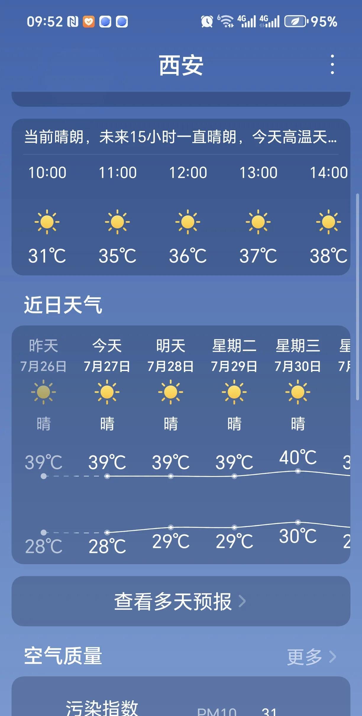 高温，西安的气温有点高，连续出现最高温度39一40度，体感温度超过40度，最低温