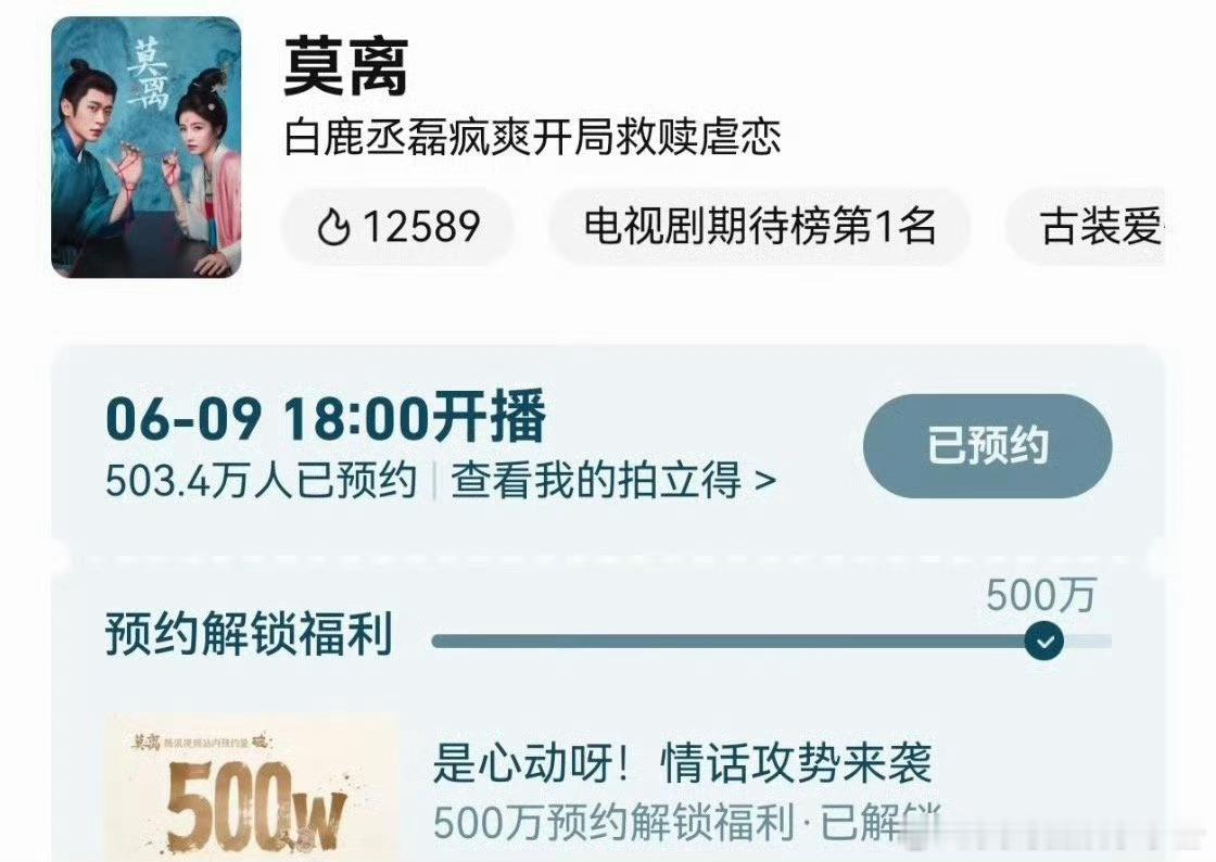 白鹿丞磊《莫离》预约破500万，你期待这部剧吗？