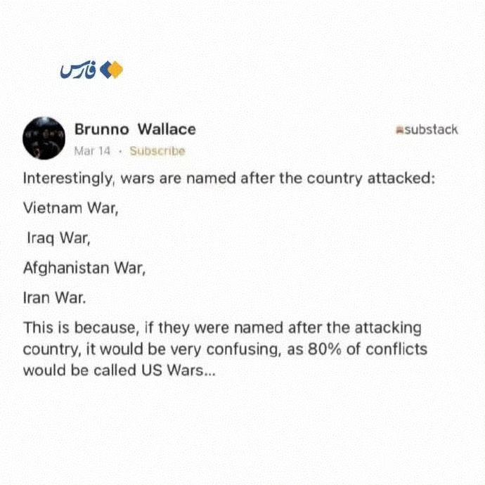 来自一位美国网友3月14日的思考：战争通常是以被侵略国的名字命名的，比如越南战争