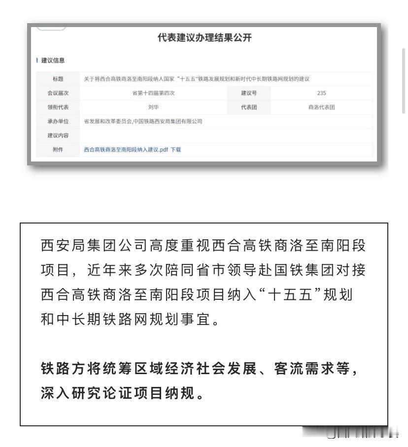 西合高铁商洛至南阳段全力争取纳入国家规划针对人大代表提出的建设诉求，西安局集