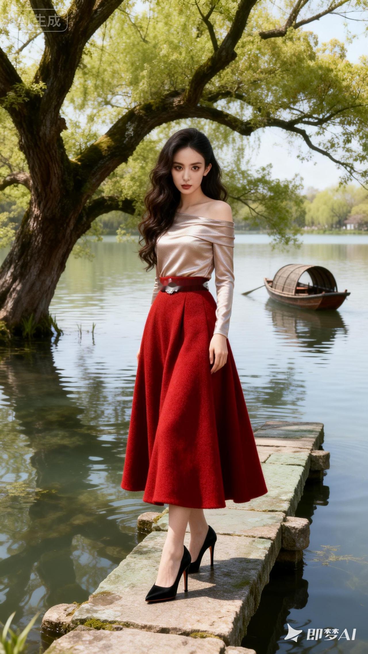 优雅红裙，漫步湖畔，尽显迷人风采！