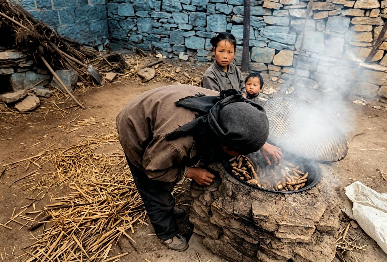 这是一九七七年，山东临沂苍山（今兰陵县），一位农家老太太在煮地瓜。土灶上，一锅地