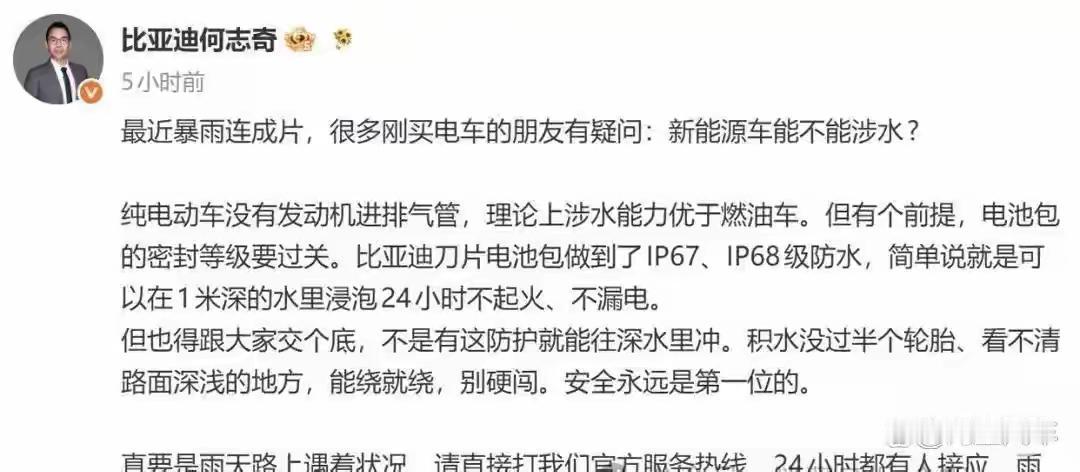 比亚迪二把手把话挑明了：纯电车能在1米深水里泡24小时，但半轮胎积水你就得掉头。