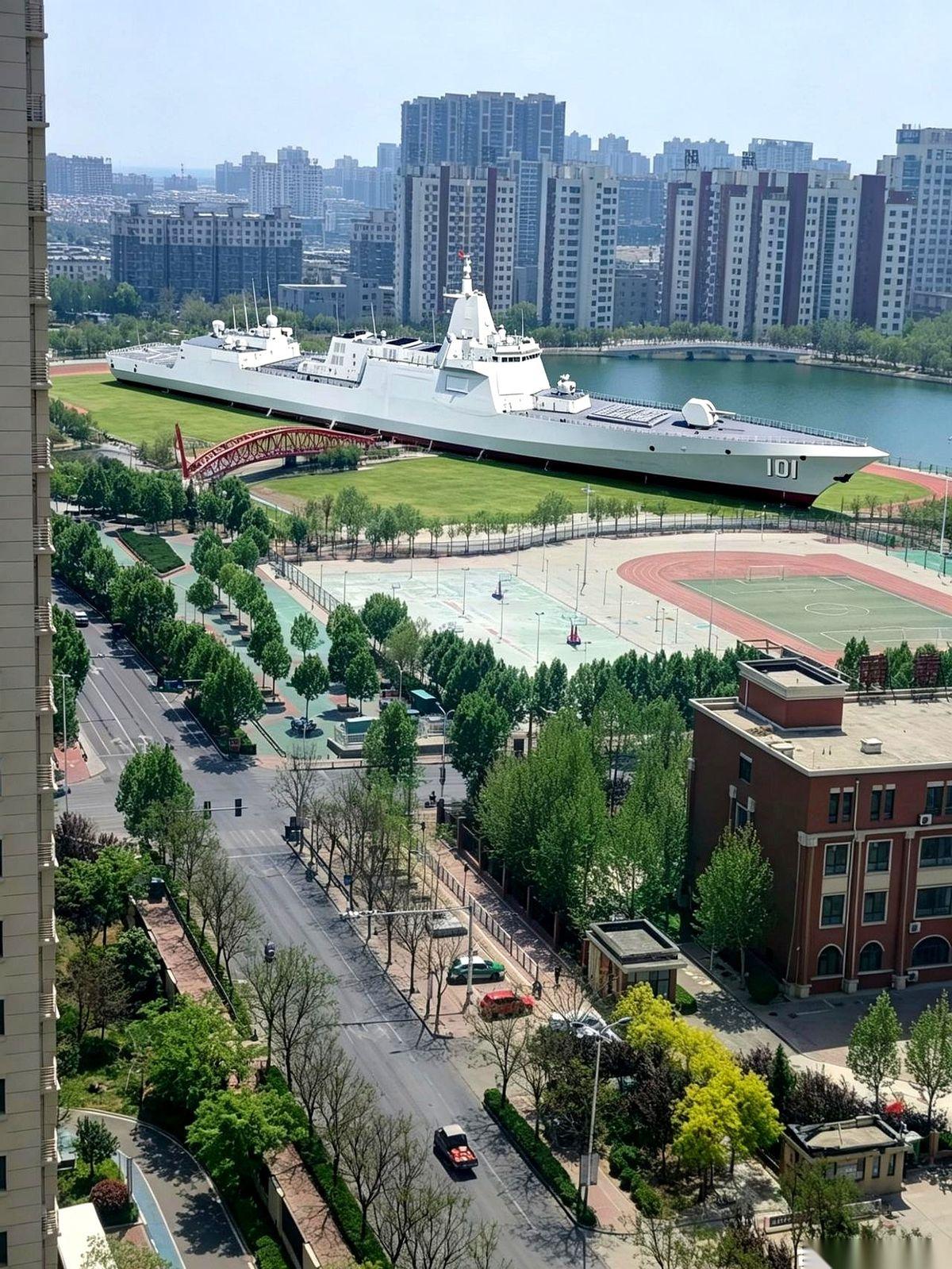 一个标准的学校操场，200米一圈。旁边，是一艘055万吨大驱。不是在水里，是跟