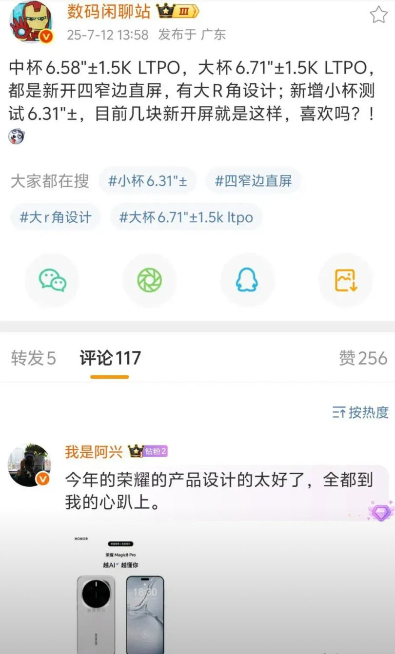 荣耀magic8系列至少有四款机型啊，标准版6.58英寸，很合适的尺寸，大杯是6