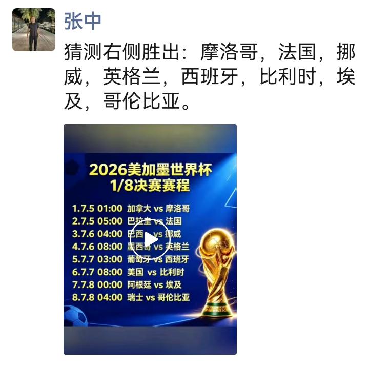 已经猜准两场：摩洛哥胜加拿大、法国胜巴拉圭！看明天凌晨后续比赛：挪威对巴西、英格