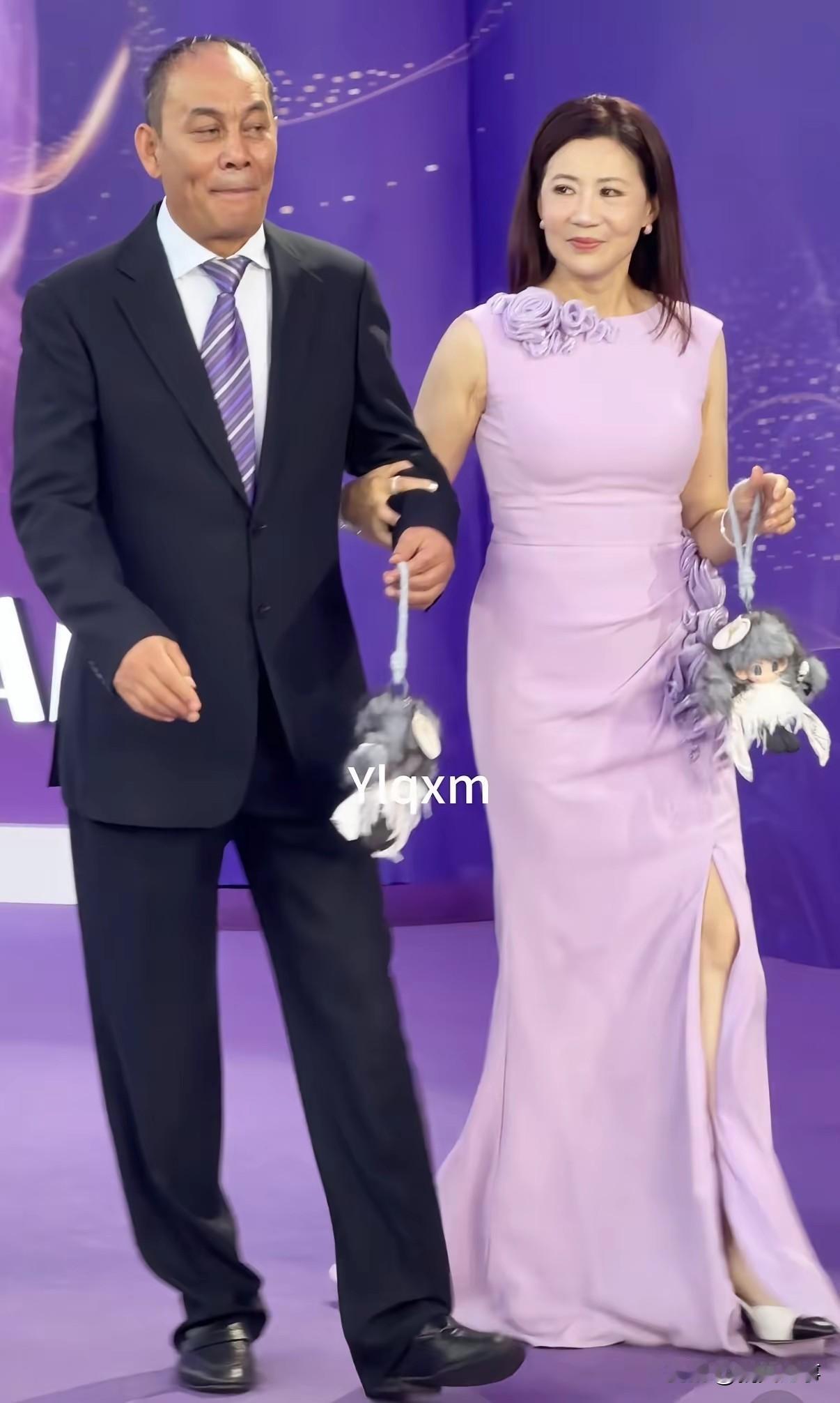 张光北的老婆也太美了，61岁的陈玮一袭粉紫色修身刺绣开叉长裙，一头乌黑柔顺长直发