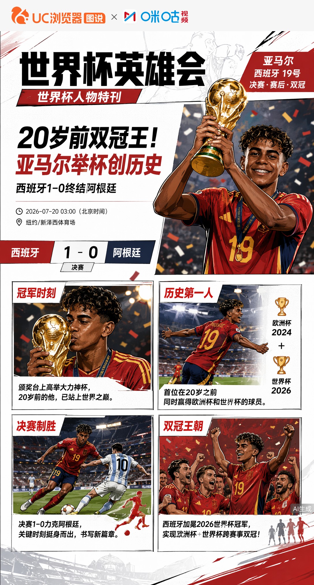 20岁前双冠王！亚马尔举起大力神杯创历史，西班牙1-0终结阿根廷