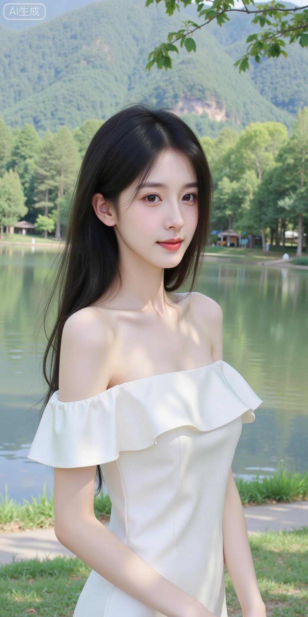 湖畔的柔白系甜妹单边荷叶边裙裹着清透温柔，比耶的俏皮动作又添了点灵动~连湖