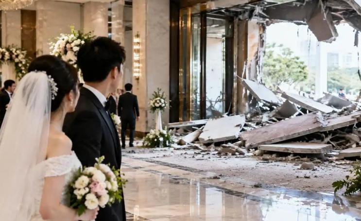 “倒大霉！”四川广安，一对夫妻结婚，仪式即将开始，酒店正门门厅轰然整体坍塌，多名