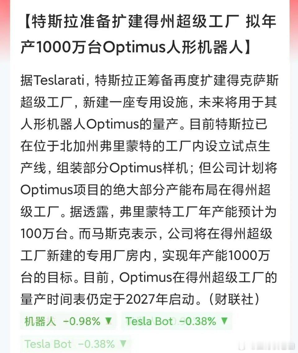 今晚，特斯拉传出重大利好消息——计划打造年产能1000万台的人形机器人生产线。若