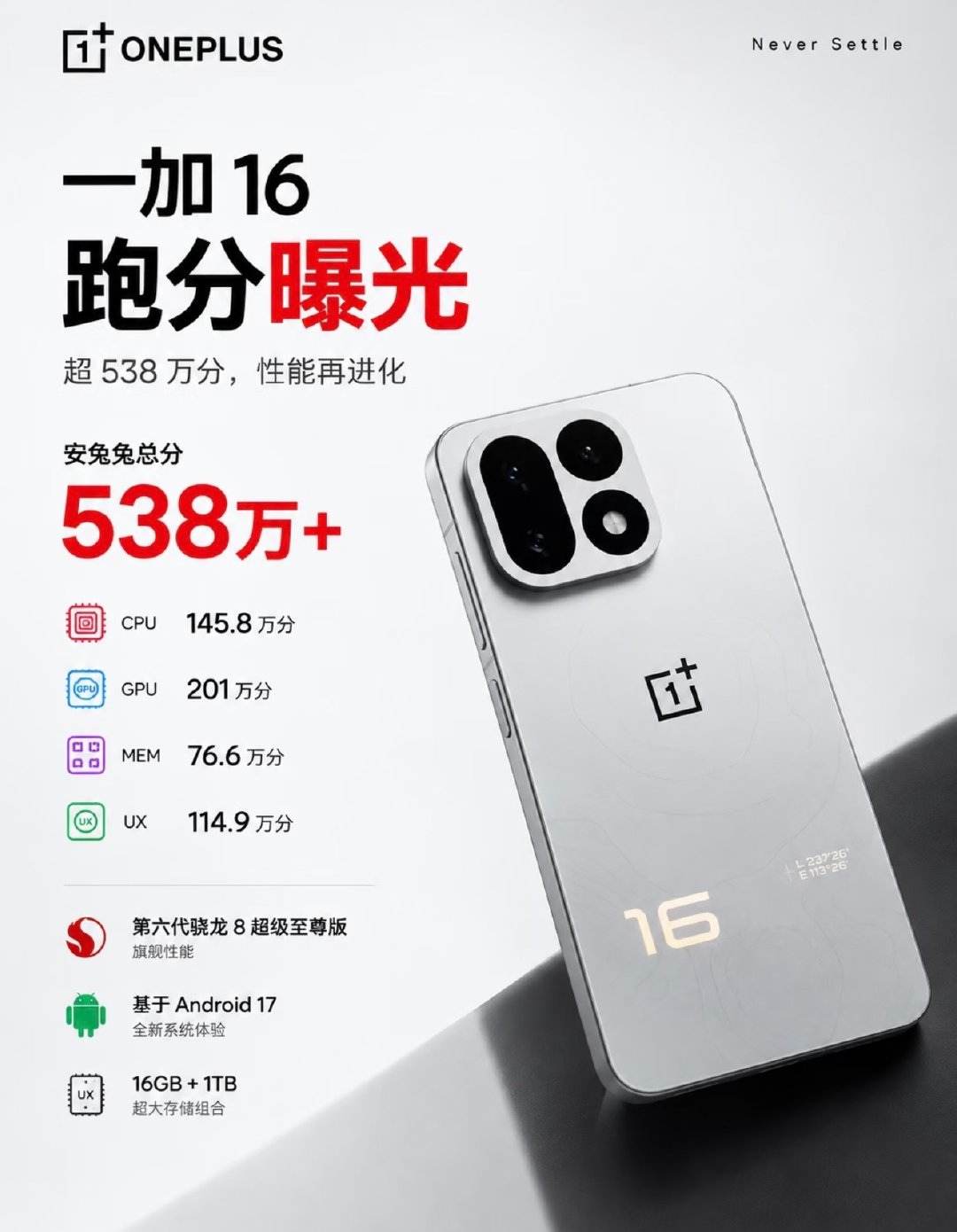 一加16来了，安兔兔V12跑分538万！搭载第六代骁龙8超级至尊版，2nm工艺，CPU主频突破5GH