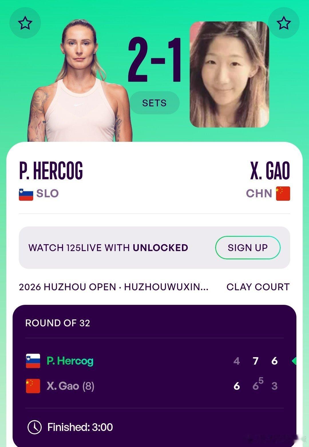 WTA125湖州站🇨🇳女单第1轮持外卡参赛的高馨妤🇨🇳6-4/6-7(5
