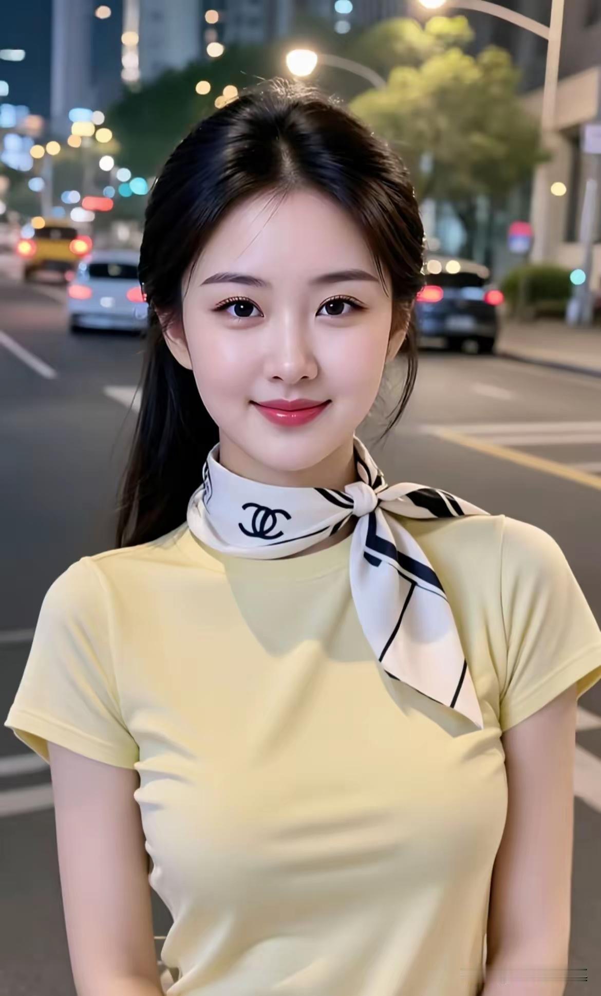 这姑娘穿黄色T恤，系着围巾，站在街上。