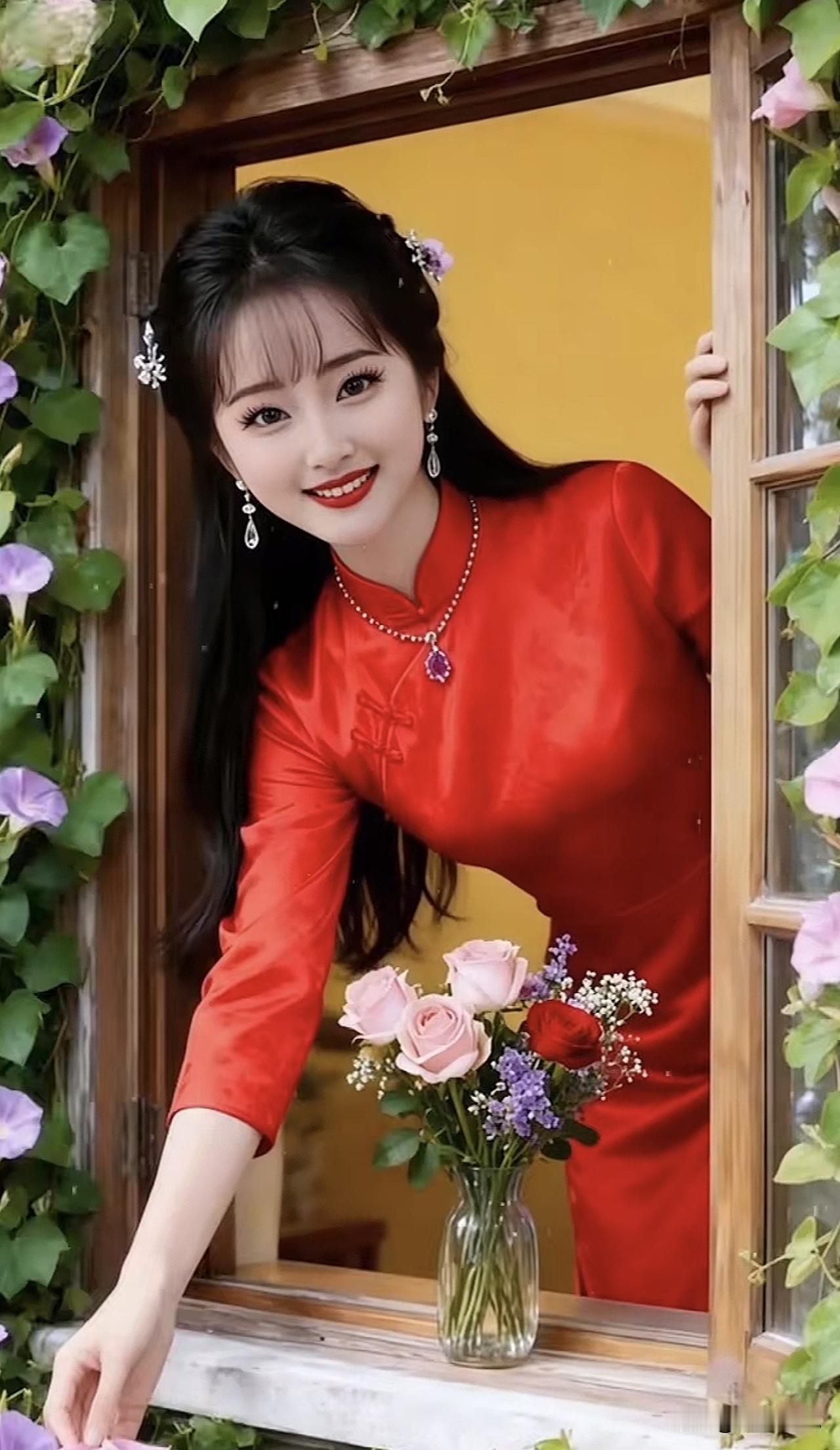 红衣美人倚窗立，花影摇曳映芳姿。红衣女拍照红衣美少女写真绿裙美人红衣美少女