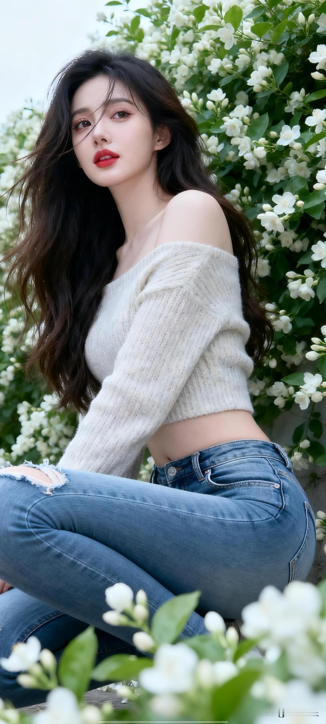 花间美人坐，红妆映绿枝。