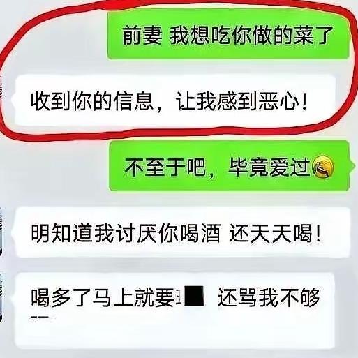 男人给前妻发消息说想吃她做的菜，换来的是满屏指责和冰冷的“恶心”，可一句转账