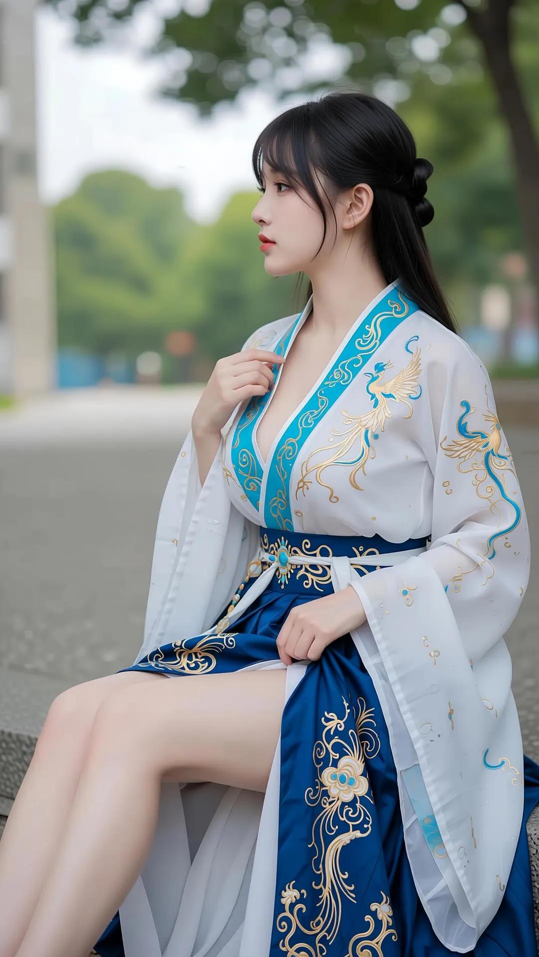 古典美人，蓝白相间汉服，优雅坐于绿树旁。