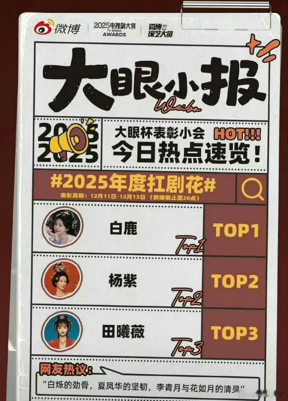 2025三大扛剧生2025三大扛剧花白鹿的剧播热度、杨紫的国民度、田曦薇的角色