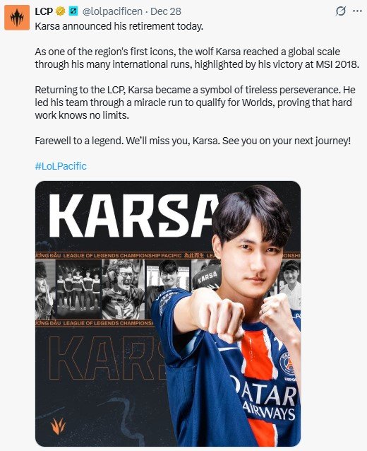 近日传奇选手Karsa宣布退役，LCP官方发文告别Karsa，具体如下：Kars