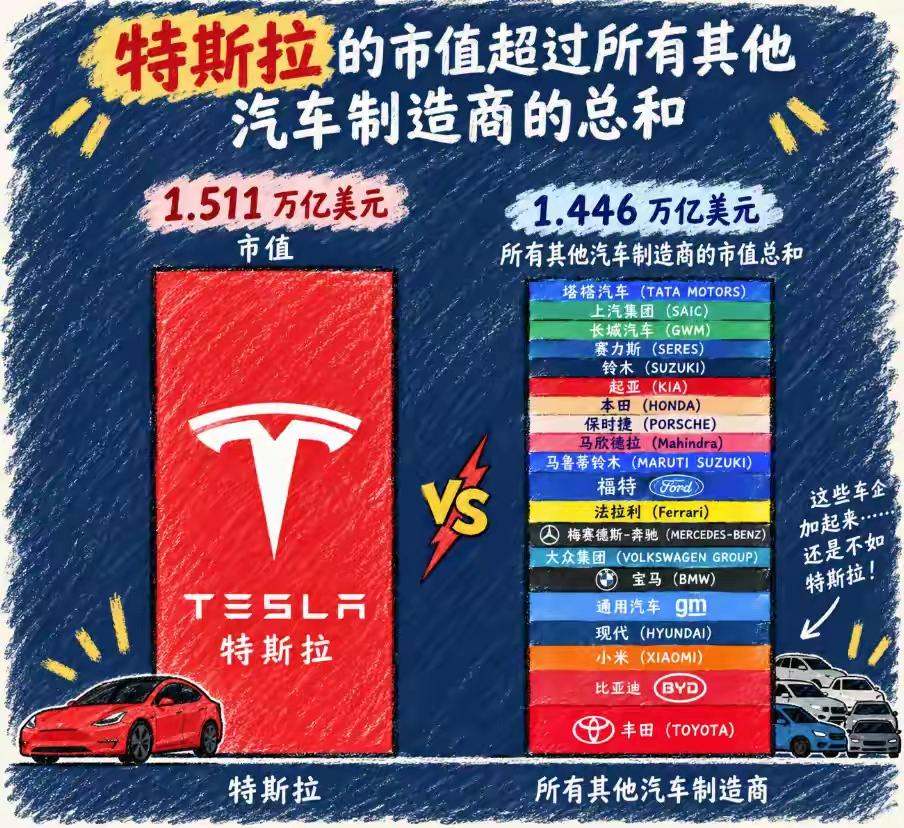 全球车企加起来打不过特斯拉？我笑了😂马斯克在X上傲娇转发一张图：特斯拉1.