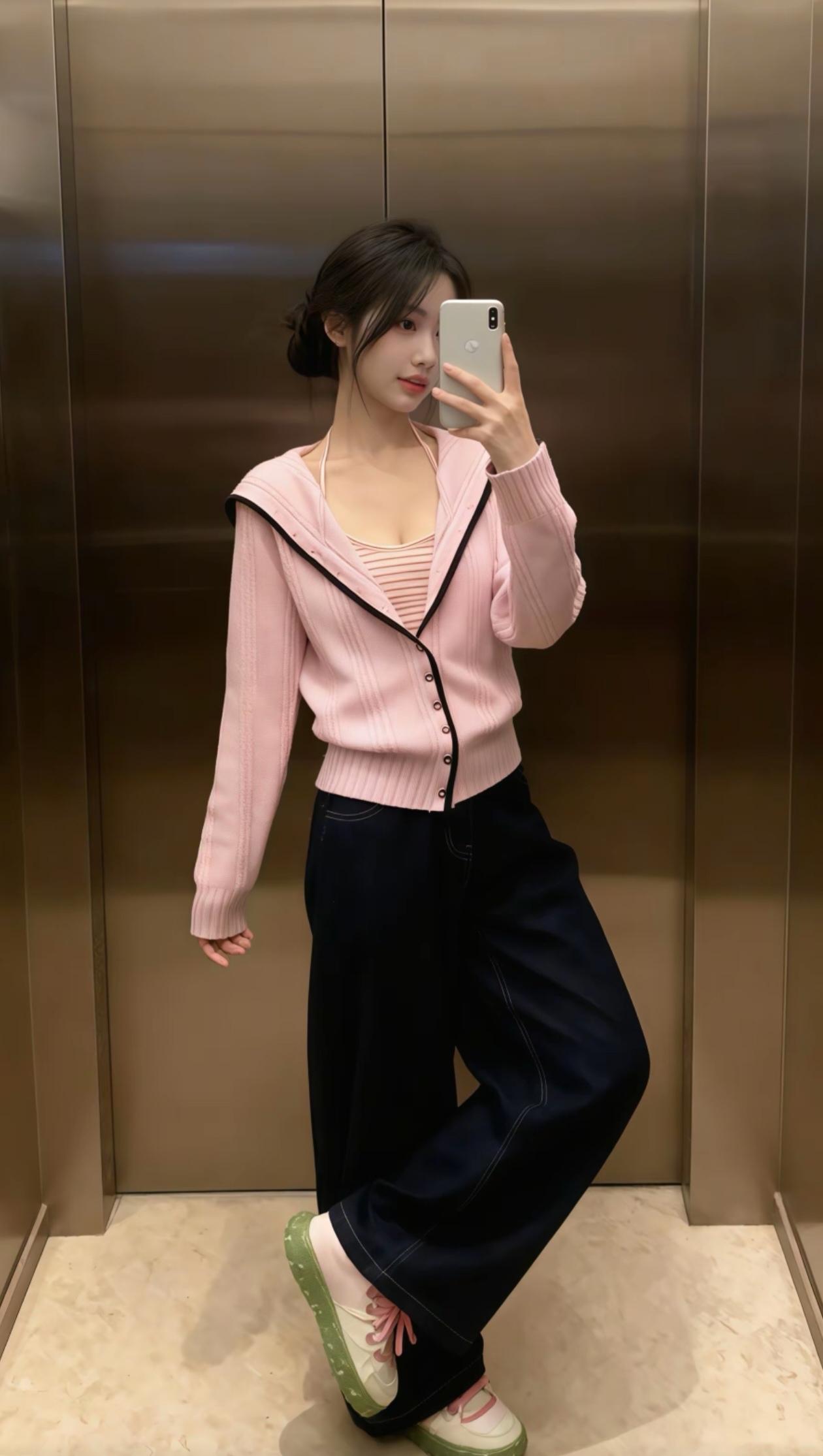 电梯自拍，粉色毛衣+宽松牛仔裤，清新又舒适！
