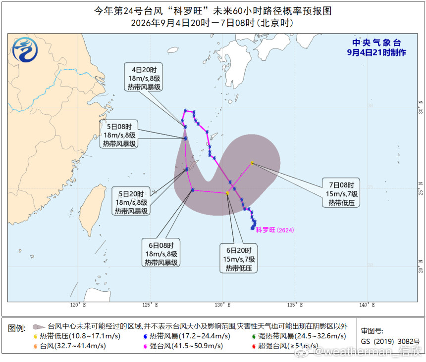 台风科罗旺今天下午开始，台风科罗旺已经调头南下，明天继续向南移动。6日再转向