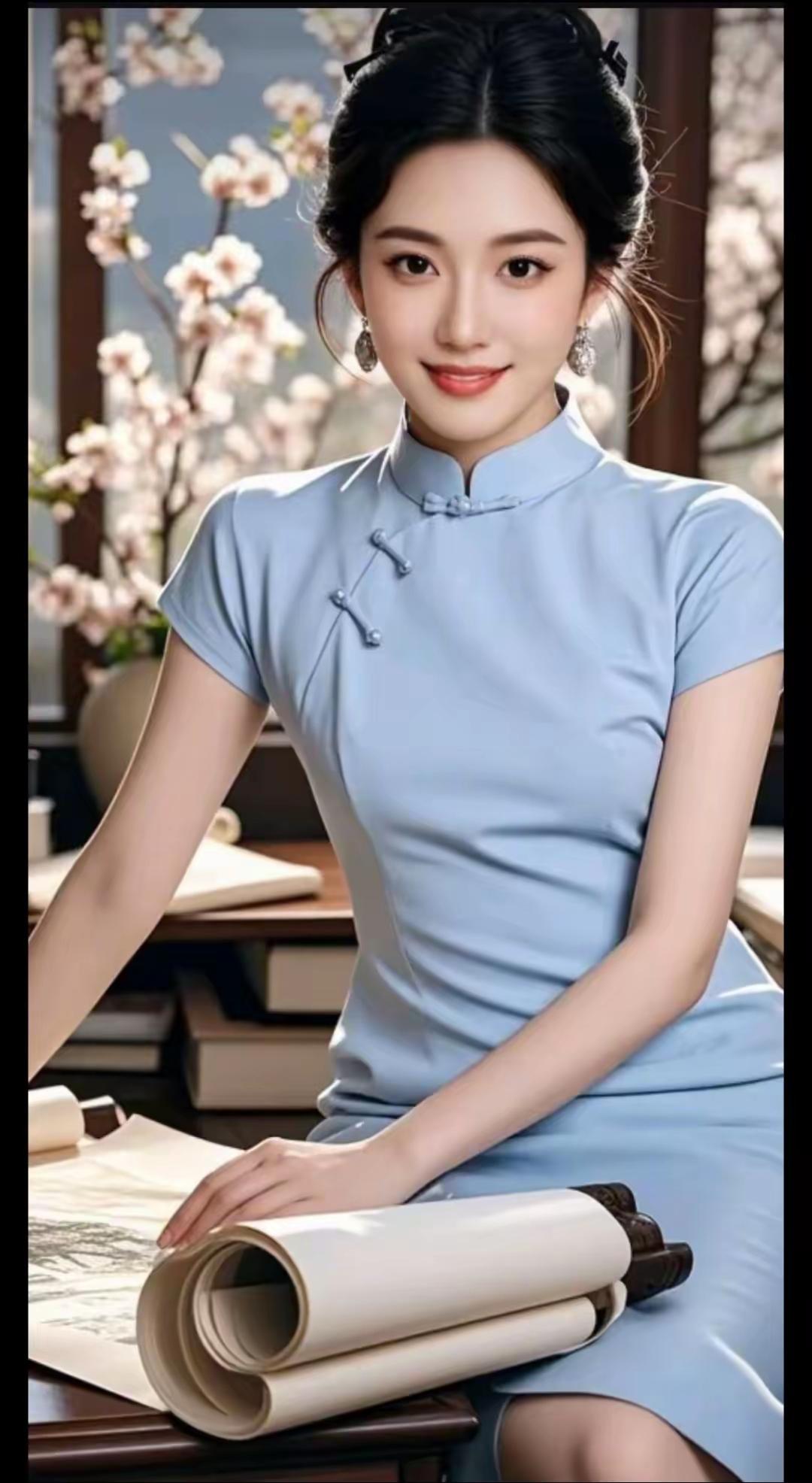 金字经·蓝韵书香蓝袂旗袍雅，素手翻卷长。花影窗前韵里藏。香，墨馨绕鬓旁